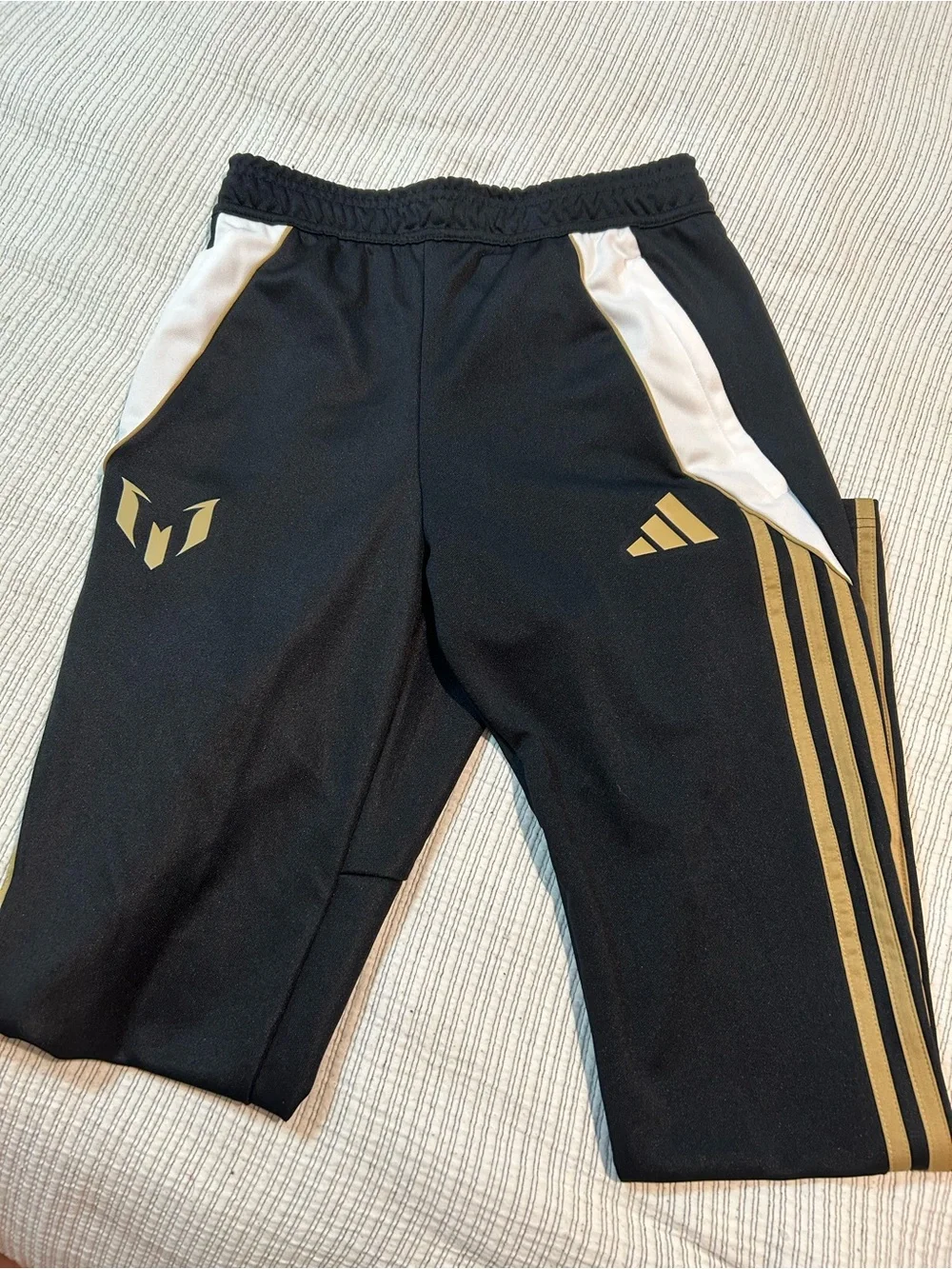 adidas Men’s Messi Black tracker pants with Gold Stripes